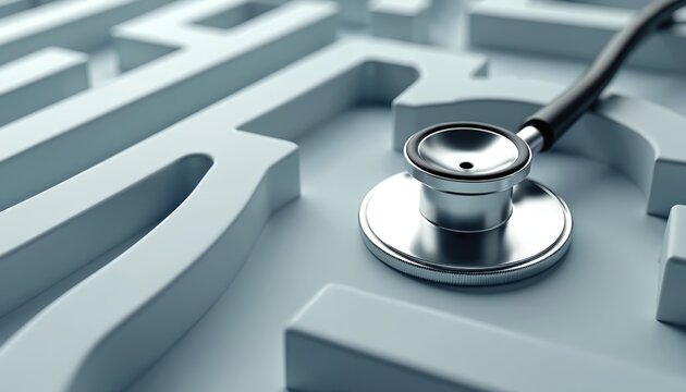 Medical stethoscope positioned within a complex maze structure. Represents challenges in healthcare diagnosis and finding solutions. Symbolizes intricate paths in medical research and treatment.