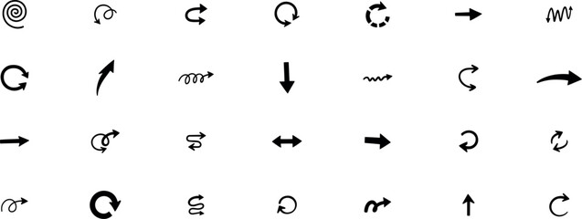 Collection of various hand drawn arrows and symbols isolated on a transparent background, including circular arrows, straight arrows, and wavy lines