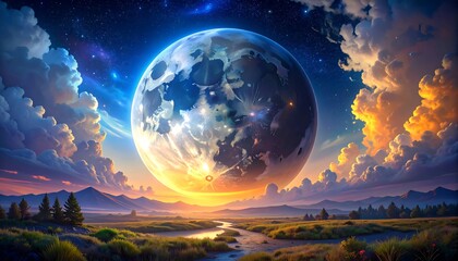 Enormous Moon Over a Peaceful Landscape.