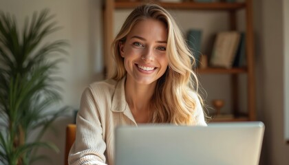 Happy young blonde woman smiles at laptop. Works from home, engaged in online tasks. Remote job, study, communication. Enjoying modern tech in comfortable casual setting. Positive digital lifestyle,