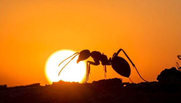 A silhouette of an ant against a bright orange sunset. The insect is walking on a dark, uneven surface