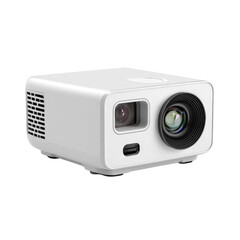 A sleek white mini projector, ideal for home entertainment and presentations, featuring a prominent lens and ventilation on a dark background. background removed