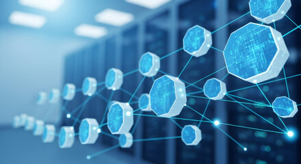Connected polygon shapes representing a network, with glowing lines, in a server room. Data visualization concept for blockchain, neural network, or cloud computing.