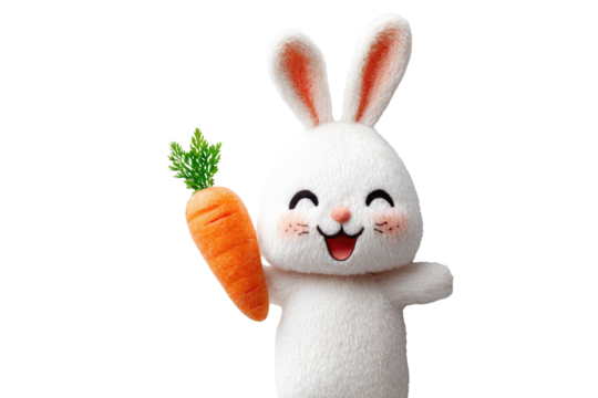 A joyful, fluffy white bunny with rosy cheeks happily holds a fresh orange carrot against a transparent background. background removed