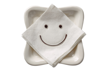 A white napkin with a hand-drawn smiley face, featuring dark eyes and mouth, resting on a white ceramic dish against a transparent background. background removed