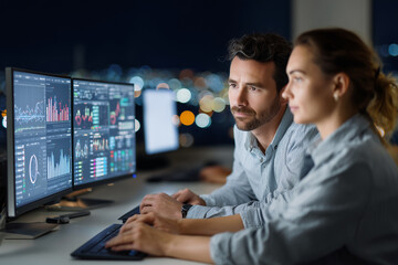Two people are looking at a computer screen with multiple graphs and charts