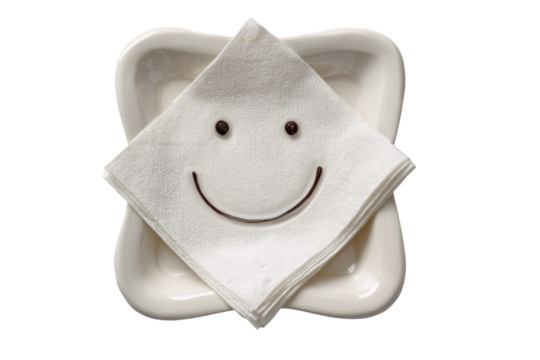 A white napkin with a hand-drawn smiley face, featuring dark eyes and mouth, resting on a white ceramic dish against a transparent background. background removed - Powered by Adobe