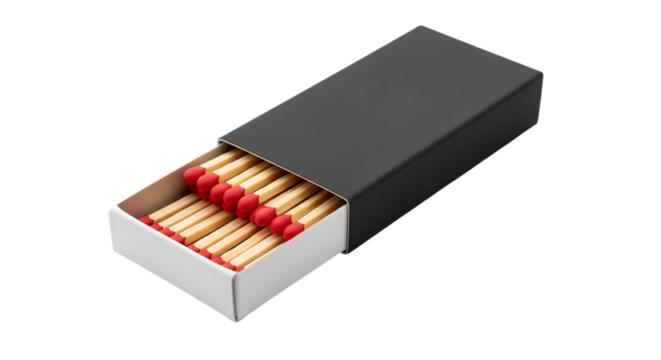 Black matchbox with red tipped matches isolated on transparent background
