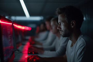 A man is sitting in front of a computer with a red light on the screen