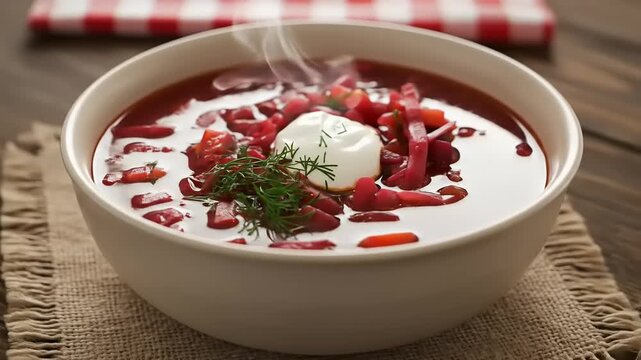 Delicious bowl of borscht with steam and herbs