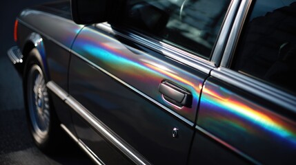 Fototapeta premium Reflective colors on a parked car under sunlight