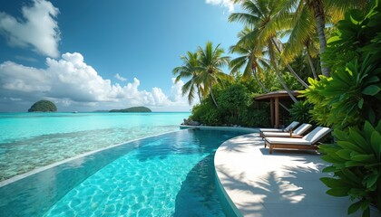Idyllic scene features an overwater pool with turquoise water merging with the ocean. Palm trees frame the view with sun loungers. Luxury resort with calm, beautiful, relaxing vacation.