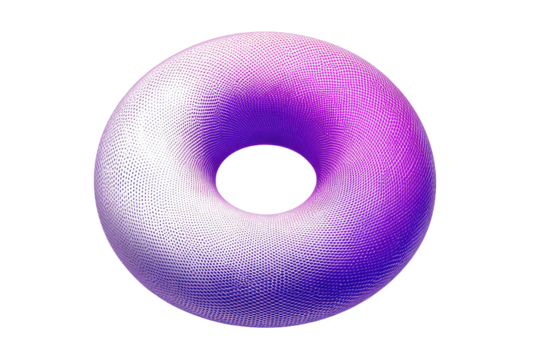 Abstract 3D torus with white-to-purple-to-blue halftone dot gradient texture. A modern, digital, geometric shape against a transparent background. background removed