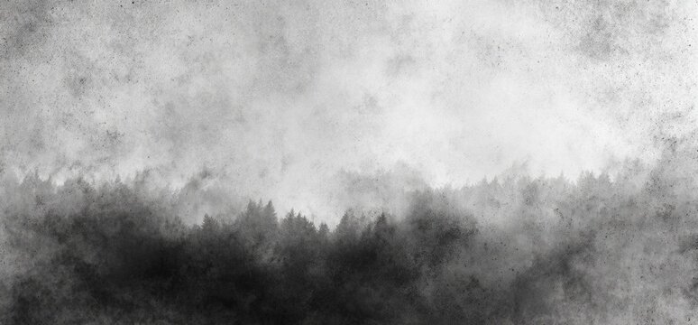 Misty forest landscape under a cloudy sky