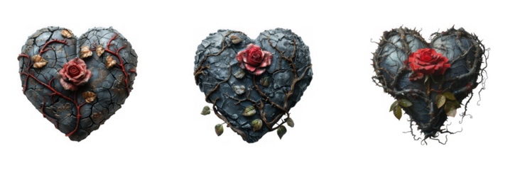 Three gothic hearts with roses isolated on transparent background, embodying dark romance, perfect for valentines day or gothicthemed designs and projects