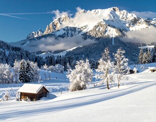 Snowy Mountain Village Landscape.