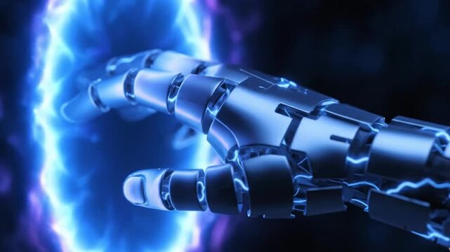 Digital hand reaching through glowing portal