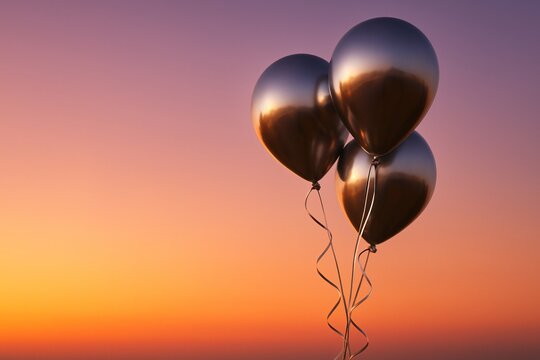 Three metallic balloons against sunset sky gradient