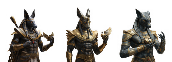 Three anubis statues isolated on transparent background, representing ancient egyptian mythology, perfect for historical or fantasythemed designs and projects