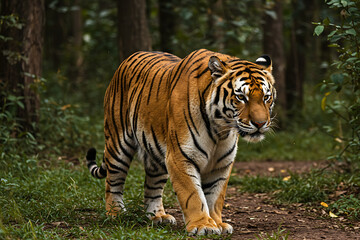 A majestic Bengal tiger with distinctive orange and black stripes walks gracefully on a dirt path through a dense forest, surrounded by lush green foliage.