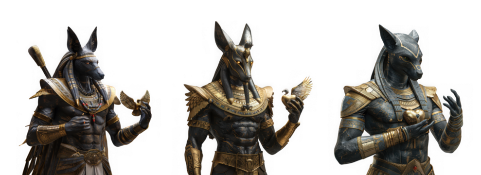 Three anubis statues isolated on transparent background, representing ancient egyptian mythology, perfect for historical or fantasythemed designs and projects