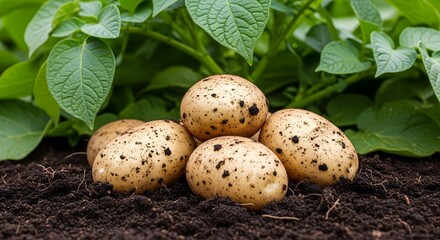 Close-up shot of freshly harvested potatoes resting on dark soil with green foliage in the background.