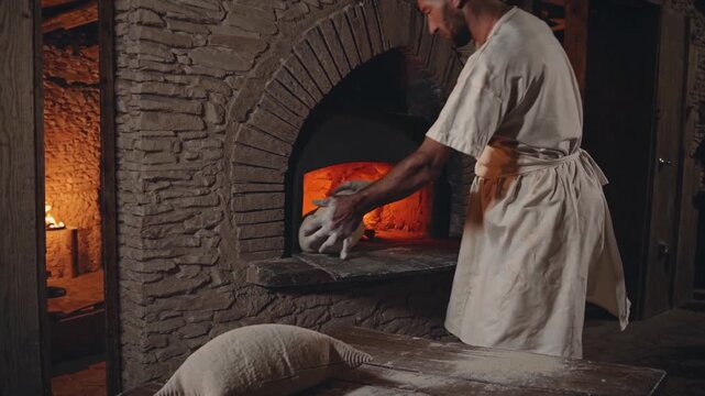 Boulanger enfournant le pain dans un four en pierre chauff&eacute; au feu de bois