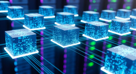 Digital data cubes with glowing connections illustrate network communication. Blockchain technology and cryptocurrency concept.