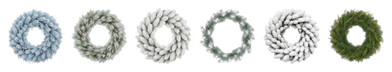 Christmas wreath set including frosted, snowy, evergreen, and pinecone decorated variants isolated. Holiday decor and festive design collection.