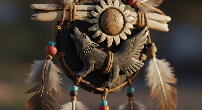 Native american dream catcher with wolf symbol and feathers. Spiritual protection amulet for home decoration and cultural theme.