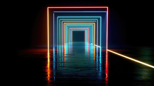 Colorful neon tunnel with reflective water floor
