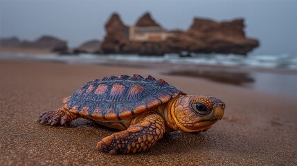 Obraz premium Close-up of a Small Turtle on a Sandy Beach near the Ocean under a Cloudy Sky