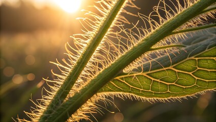 Extreme close-up of plant fiber cross-section under sunlight, revealing fine organic threads glowing like silk, hyper-real botanical microtexture
