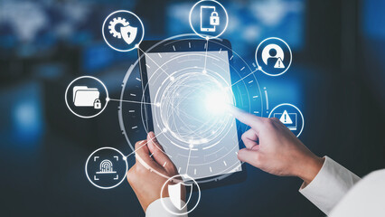 Fototapeta premium Cyber security protection and cyber security strategies against cyber threats, system hacks, digital breaches, network attacks, and safeguarding data with strong cyber security infrastructure. Spire