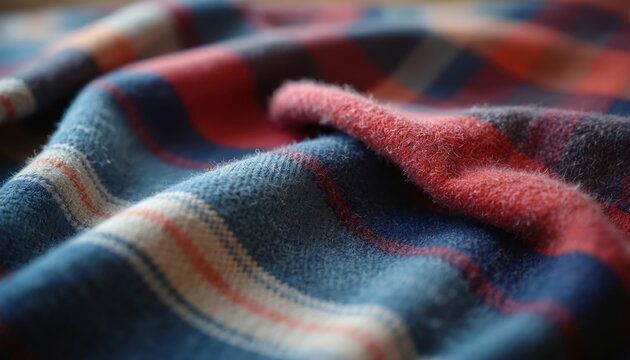 Close up photo of soft folded flannel fabric. Blue red and white colors create a plaid pattern. Cozy textile for fashion or interior design. Warm winter clothing material.