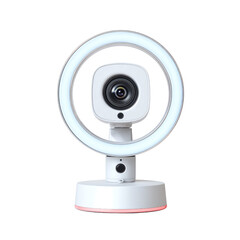 A sleek white webcam featuring an integrated circular LED ring light and a subtly illuminated red base, perfect for streaming or video calls. background removed