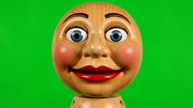 A wooden ventriloquist puppet slowly reveals a sinister smile, isolated on green screen deception, villain, menacing expression