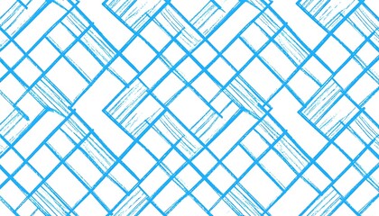 A repeating abstract pattern featuring a white background overlaid with a grid design composed of vibrant blue intersecting lines