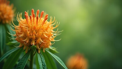 Close view Asclepias curassavica also known as tropical milkweed. Blossoming flower with orange petals on green backdrop. Garden plant attracts butterfly in springtime. Fresh vibrant milkweed blooms