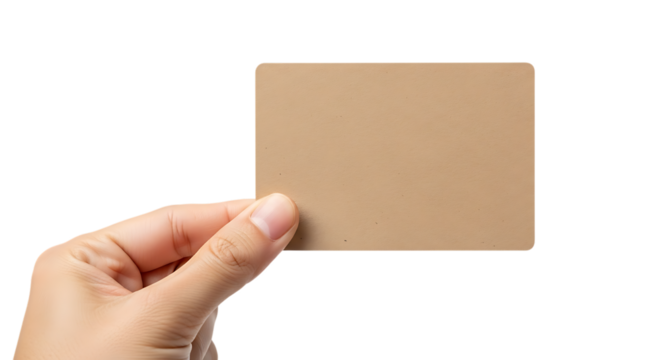 A hand holding a blank brown card, isolated on transparent background