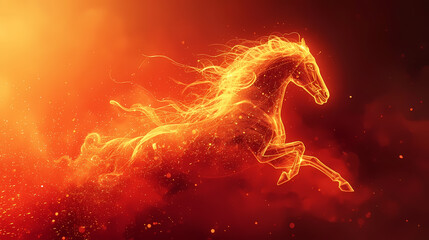 Fiery horse leaping through a vibrant, glowing orange and red background.