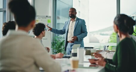 Speaker, meeting and discussion with business man in office for planning, investor chart and team. Broker report, presentation and trading workshop with people in agency for training and review - Powered by Adobe