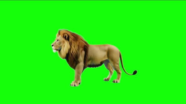 3D Realistic Giant Dangerous Lion Slowly Walking Realistic Motion Loop with Side View on Green Screen, Isolated Rendering, 4K High-Resolution Animation of an African Lion Walking on Chroma Key.