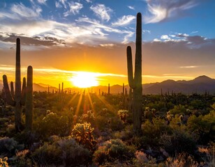 Desert Sunset with Saguaro Cacti.