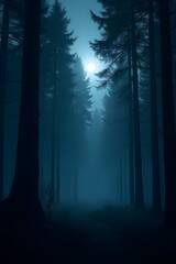 Night mysterious landscape in cold tones - silhouettes of the forest trees under the full moonlight in a cloud of fog. 