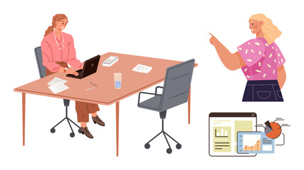Woman working on a laptop at the desk, colleague gesturing, digital screens displaying data charts and trends. Ideal for teamwork, business strategy, collaboration, productivity, data analytics