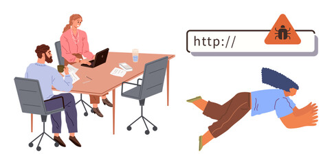 Professional meeting, browser alert signaling malicious activity, and individual falling. Ideal for internet safety, cybersecurity, identity theft, online awareness, data protection, risk management