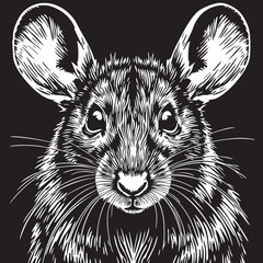 Detailed Mouse Silhouette Vector — Black and White Illustration of Forward-Facing Rodent with Whiskers, Fur Texture, and Expressive Eyes