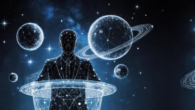 A conceptual artwork displaying a human figure composed of interconnected lines amid celestial orbs