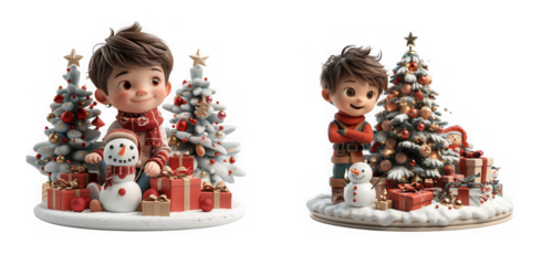 Charming christmas figurine isolated on transparent background featuring a cute boy, christmas tree, snowman, and gifts, perfect for holiday decorations and displays